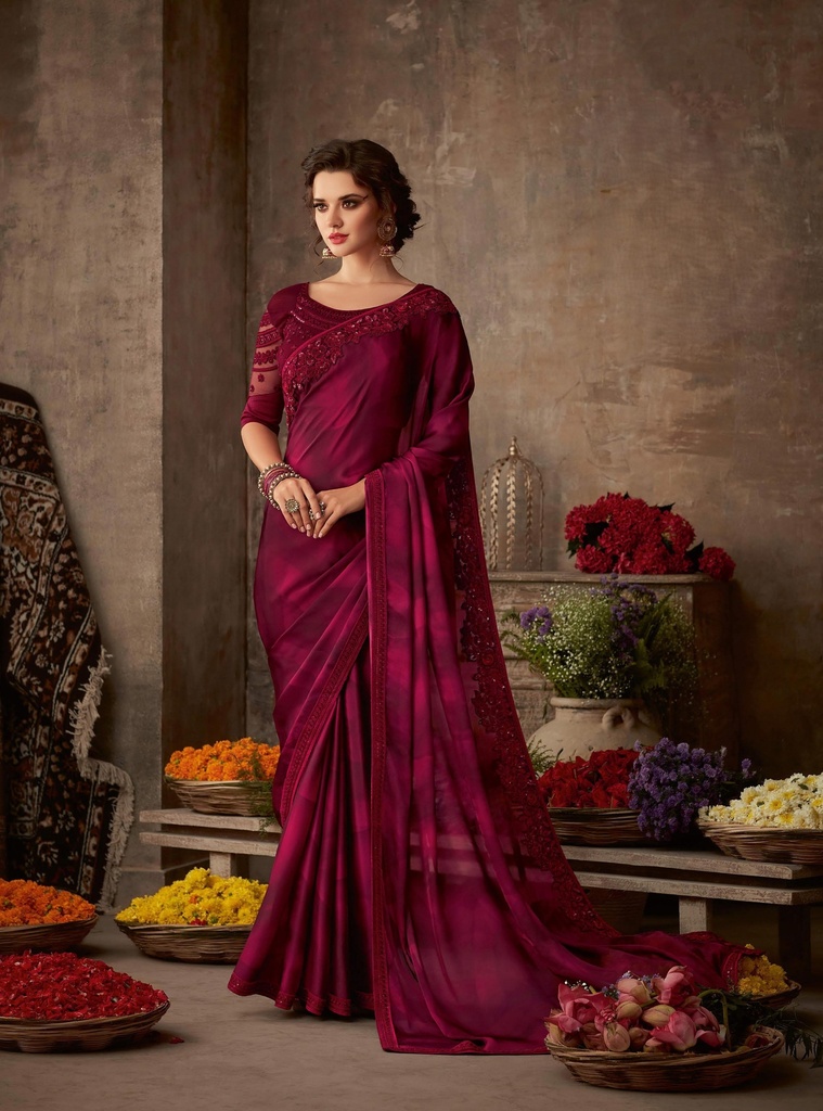 Maroon Satin Chiffon Saree