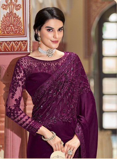 Elegant Emerald Purple Shade Chiffon Saree