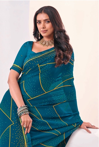 Peacock Blue Laser Chiffon Saree with Chic Yellow Stripes