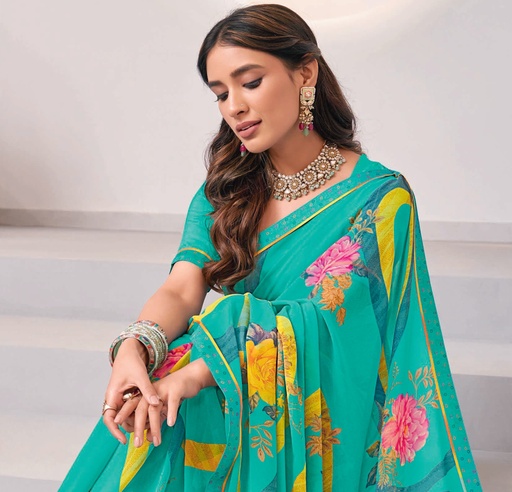 Teal Green Floral Printed Laser Chiffon Saree