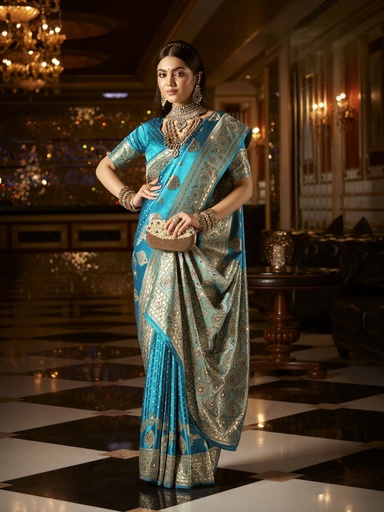 Elegant Turquoise Saree with Golden Zari