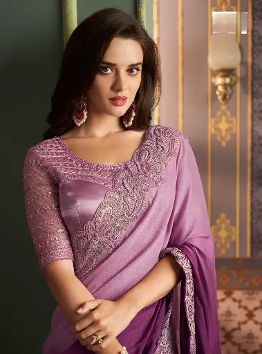 Elegance Lavender: Silk Blend Saree with Intricate Embroidery